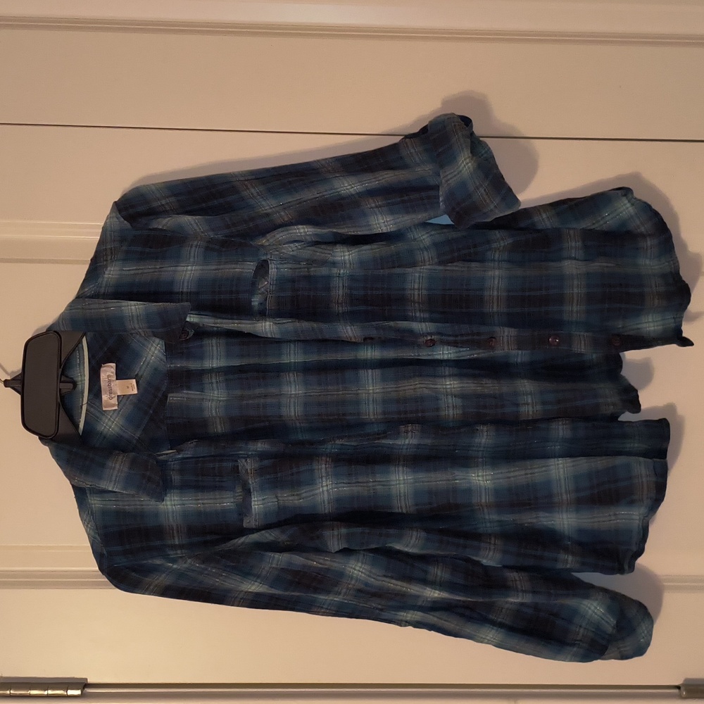 Blue plaid flannel with sparkly silver accents, size M